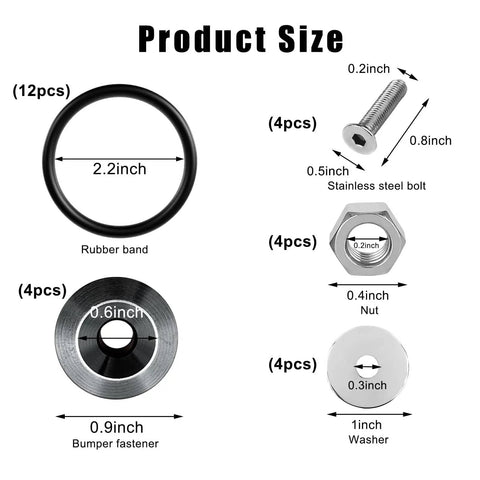 Product components of Front And Rear Bumper Quick Release Kit With Stainless Steel Screws, Rubber O Ring Washers, And Universal Tabs Titanium Finish.