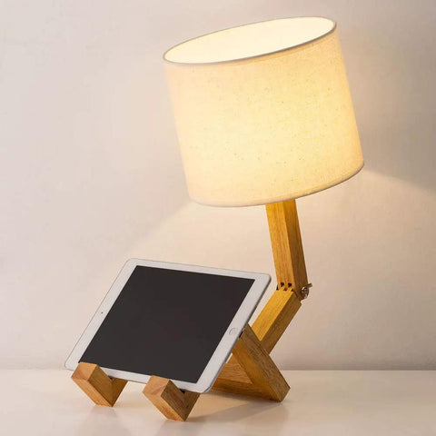 Cute Desk Lamp With Wood Base And Changeable Shape, Ivory Linen Shade, Holding Tablet, Modern Table Lamp For Bedroom Study Office Kids Room.