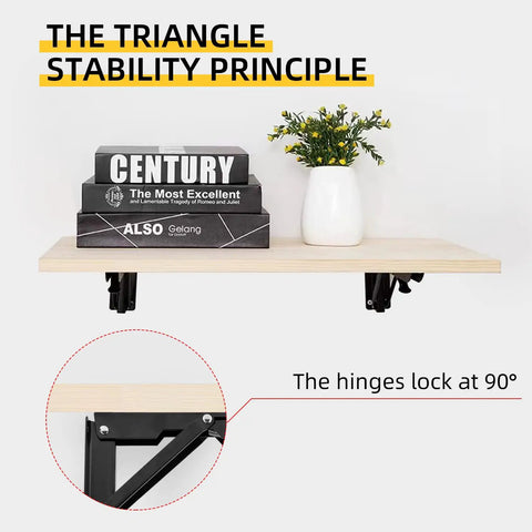 Folding Shelf Brackets 16 Inch Heavy Duty Black 6 Pack Wall Mounted Foldable Shelf Bracket Set shown under a wooden shelf with books