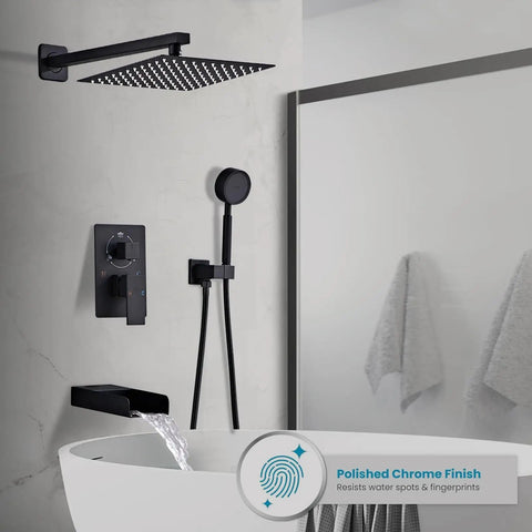 Top Tier Slick Matte Black Wall Mounted Shower And Tub Faucet Set With 8 Inch Widespread Bathtub Filler And Rainfall Showerhead Plus Handheld Sprayer For A Sweet Modern Bathroom Setup