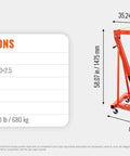 Specifications chart for Heavy Duty Hydraulic Engine Hoist And Leveler Combo With Telescopic J Boom Lever Two Ton 4400 Lbs Capacity.