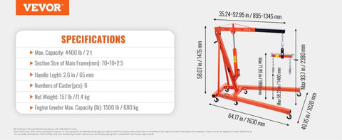 Specifications chart for Heavy Duty Hydraulic Engine Hoist And Leveler Combo With Telescopic J Boom Lever Two Ton 4400 Lbs Capacity.
