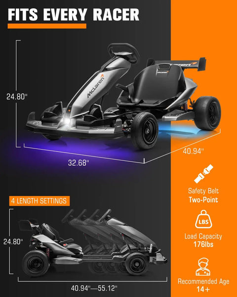 McLaren Licensed 48V Electric Go Kart for Teens 14 Plus with Handbrake, 3 Speed Transmission, adjustable seat dimensions.