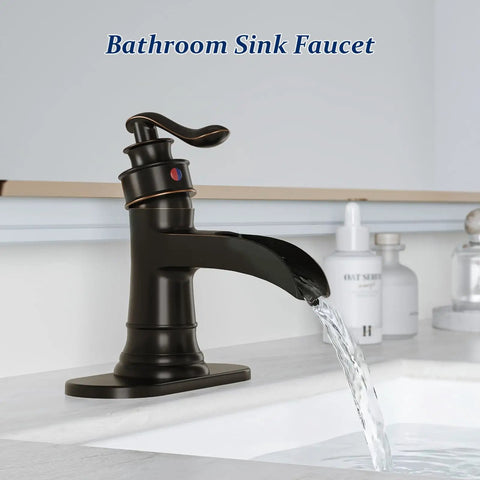 Oil Rubbed Bronze Bathroom Sink Faucet 1 Hole Single Handle Waterfall Faucet No Fuss With Pop Up Drain And Hoses Lead Free Vanity Faucet
