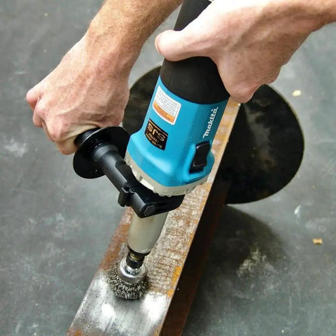 Heavy Duty Quarter Inch Sjs Die Grinder With Six Point Six Amp Motor Pushing Up To Twenty Eight Thousand Rpm Variable Speed Trigger in use on metal.