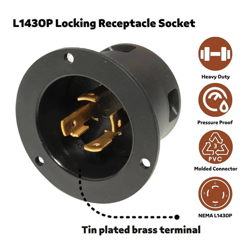 Locking L14-30P Flanged Inlet Generator Plug With Dust Cover, Four Prong, 30 Amp, 125/250 Volt, 7500 Watts, industrial grade power inlet