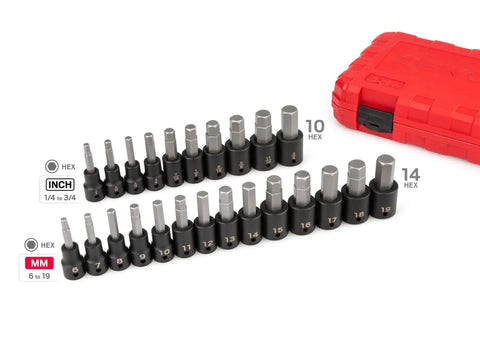 24-piece Half Inch Drive Hex Impact Socket Set, includes 1/4 to 3/4 inch and 6 to 19 mm hex sockets, with red case.