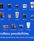 Variety of coffee drinks including Americano, Espresso, Cappuccino, and more, from 4400 Series Fully Automatic Espresso Machine.