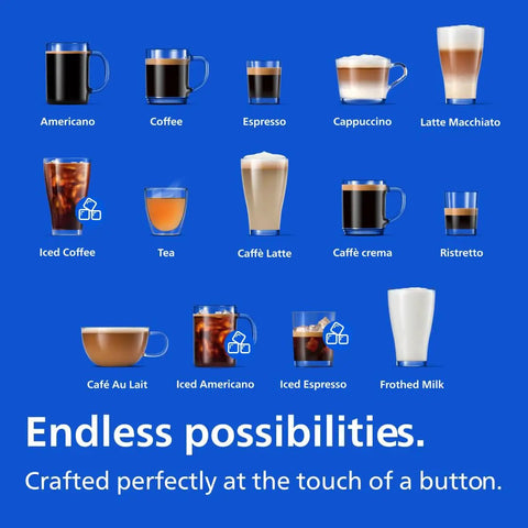 Variety of coffee drinks including Americano, Espresso, Cappuccino, and more, from 4400 Series Fully Automatic Espresso Machine.