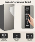 Electronic temperature control panel of Top Shelf 14 Cubic Foot Upright Freezer With Convertible Fridge Design, sleek silver finish.