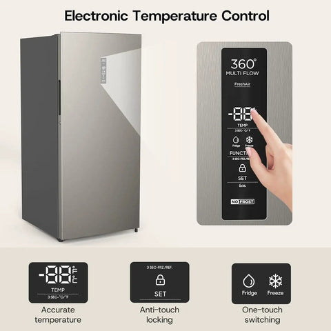 Electronic temperature control panel of Top Shelf 14 Cubic Foot Upright Freezer With Convertible Fridge Design, sleek silver finish.