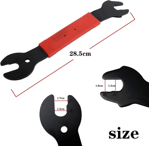 Double Sided Bicycle Pedal Wrench Set 15mm 16mm 17mm For Quick Pedal Removal Pro Grade Bike Wrench For Home Mechanics Comfortable Grip Durable Steel Tool For Easy Cycling Maintenance, showing detailed view with red grip.