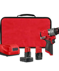 Compact 12V Cordless Drill Driver Kit With Brushless Motor And Heavy Grip Chuck Compatible With Milwaukee M12 Fuel Models, battery and charger included.