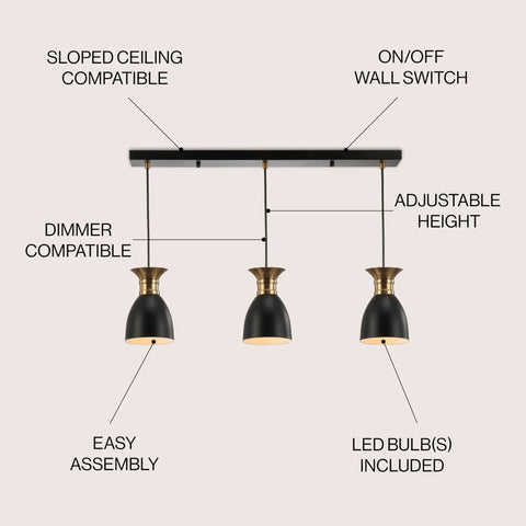 Black And Brass Gold Dope Modern Metal LED Pendant Light Fixture With Adjustable Hanging Design For Kitchen Island Or Bedside Slick Metal Shade LED Bulb Included For Quick Easy Install