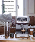 Heavy Duty 20 Bar Coffee Machine With Independent Steam Frother For Silky Lattes And Creamy Cappuccinos Auto Temp Regulation and Pressure Relief Valve on a wooden table.