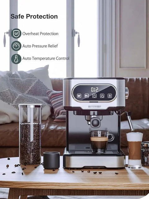 Heavy Duty 20 Bar Coffee Machine With Independent Steam Frother For Silky Lattes And Creamy Cappuccinos Auto Temp Regulation and Pressure Relief Valve on a wooden table.