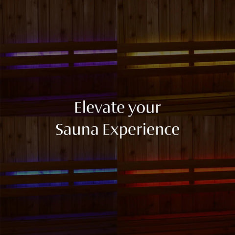 30 Inch RGB Color Changing Sauna Light Bar Kit For Traditional And Infrared Saunas That Mounts On Bench Or Wall With Waterproof Power Supply And 10000 Hours Of Lighting Plus Easy Install And Built To Last in use, mounted on a sauna wall, showcasing various colors.