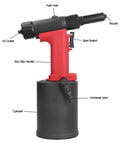Heavy Duty Pneumatic Rivet Gun With 18500N Pulling Force For Aluminum Iron And Steel Fasteners Perfect For Automotive Repairs Home Appliances And Tough Jobs In Any Garage Or Shop. red and black pneumatic rivet gun with cylinder, nozzle, and switch