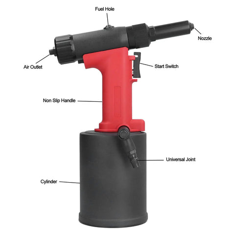 Heavy Duty Pneumatic Rivet Gun With 18500N Pulling Force For Aluminum Iron And Steel Fasteners Perfect For Automotive Repairs Home Appliances And Tough Jobs In Any Garage Or Shop. red and black pneumatic rivet gun with cylinder, nozzle, and switch