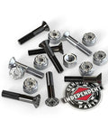 Seven Eighths Inch Silver Phillips Head Skateboard Truck Hardware Set With Cross Bolts In Black And Gold Finish shown with nuts