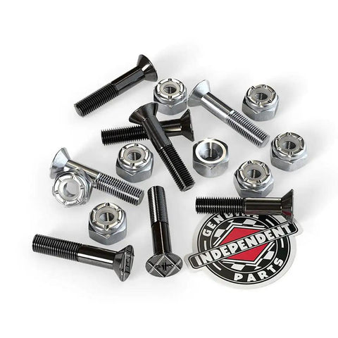 Seven Eighths Inch Silver Phillips Head Skateboard Truck Hardware Set With Cross Bolts In Black And Gold Finish shown with nuts