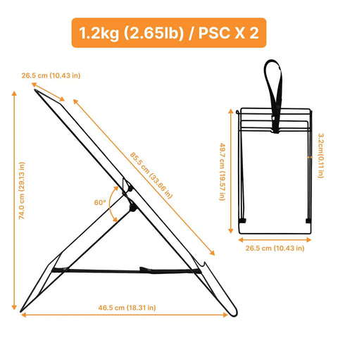 Diagram of Two Pack Solar Panel Stand Mount With Adjustable Tilt Bracket For Foldable Panels showing dimensions and angle.