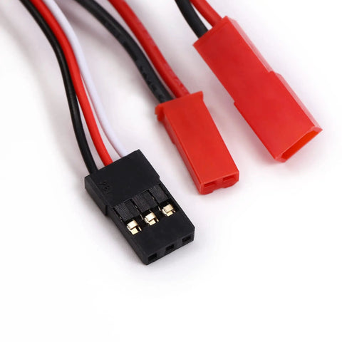 Close-up of connectors for 20A RC ESC Motor Speed Controller With Forward Reverse Brake And 2kHz PWM, Voltage 4.8V to 8.4V, compatible cables.
