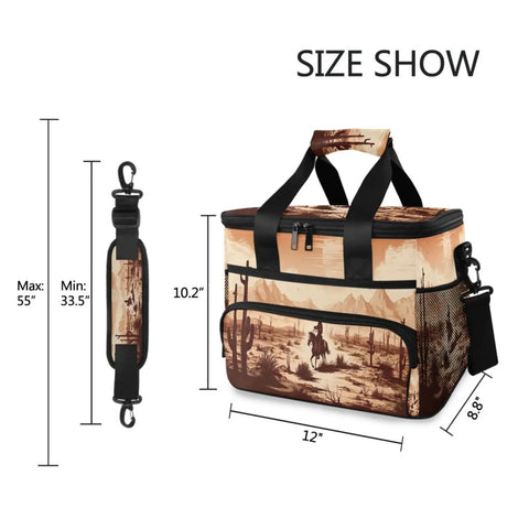 Insulated Lunch Bag With Shoulder Strap, Durable Cooler Tote for Picnics, Hiking, 15L capacity with desert print design and size dimensions