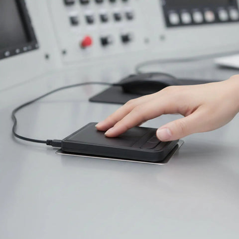 Industrial USB Wired Touchpad Mouse Panel Mount With Rectangular Housing And Mounting Ear For Tight Rack Drawers Control Built Tough For Rugged Tech Setups And Three Button Navigation, black panel mount touchpad in use