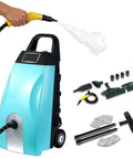3000W Heavy Duty Steam Cleaner With Eight Fast Heating Tools For Deep Grease Removal On Grills Floors And Autos, blue unit with steam nozzle.