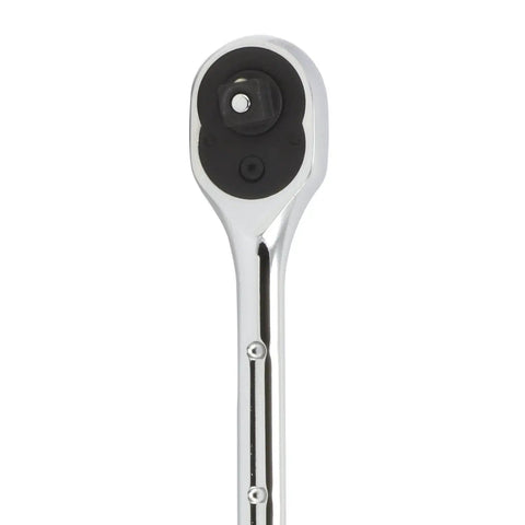 Chrome head of the Extendable Three Eighths Inch Drive Ratchet Handle With 72 Tooth Reversible Ratcheting Extends From Eight And A Half To Twelve