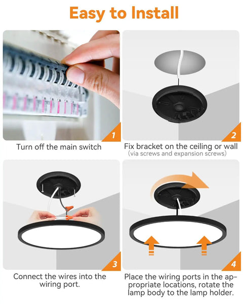Installation steps for 4 Pack LED Flush Mount Ceiling Lights Black 9 Inch 24W Ultra Slim Not Dimmable Daylight 5000K 216 Sq Ft Coverage