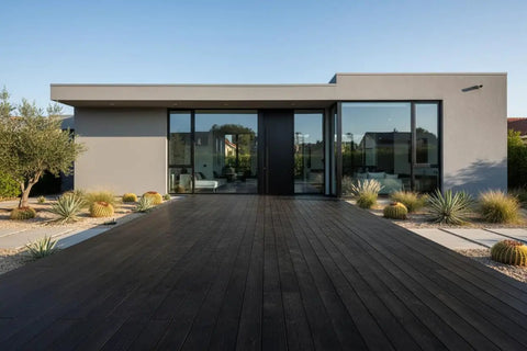 Pro Grade Reactive Water Based Wood Stain For Interior Or Exterior Creates A Badass Smoked Black Brown Finish on modern home deck.