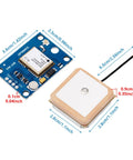 NEO6M GPS Flight Controller Module 3V5V with Ceramic Antenna, dimensions labeled, for Arduino and APM 2.5 9600 Baud TTL RS232.