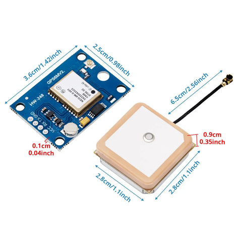 NEO6M GPS Flight Controller Module 3V5V with Ceramic Antenna, dimensions labeled, for Arduino and APM 2.5 9600 Baud TTL RS232.