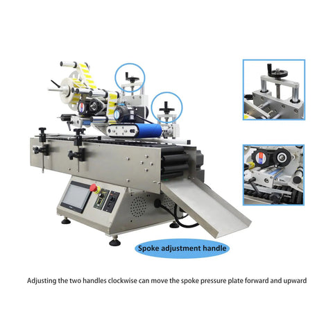Workhorse Automatic Labeling Machine With Grippy Roller Conveyor, features adjustment handles and touchscreen for bottle wrapping.