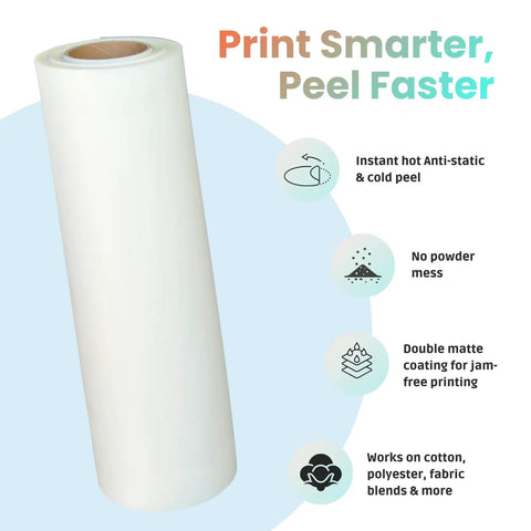 Dark Fabric DTF Transfer Film Roll PET Cold Peel Matte Sheet For Direct To Film Printing Pro Grade Durable Printer Media With Clear Coating Support 30cm By 100m Works With White DTF Ink For Bold Colors standing upright with cold peel and no powder mess features.