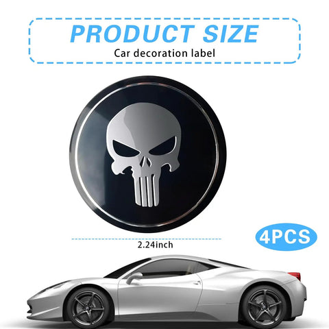Legit Badass Skull Style Metal Wheel Center Hub Caps For Cars And Trucks, Scratch Resistant Self Adhesive Rim Covers, Heavy Duty Universal Black Upgrade For Your Ride close-up view of 2.24-inch skull design hub cap.