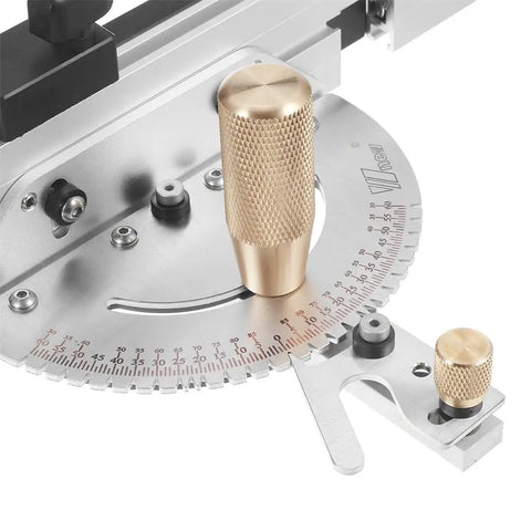 Heavy Duty Aluminum Miter Gauge With Extended Fence For Table Saw showing precision adjustment knob and measurement scale.