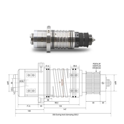 Hardworking Water Cooled CNC Router Spindle Motor 3KW To 5.5KW With BT30 Taper And 10000 RPM High Speed side view with detailed dimensions