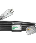 Heavy Duty 12 Gauge Outdoor Extension Cord 10ft With Lighted End 15A 1875W Black, coiled with plug and socket