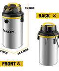 Heavy Duty Wet Dry Vacuum With 4 HP Motor, 4.5 Gallon Stainless Steel Tank, Wall Mountable shown front and back views