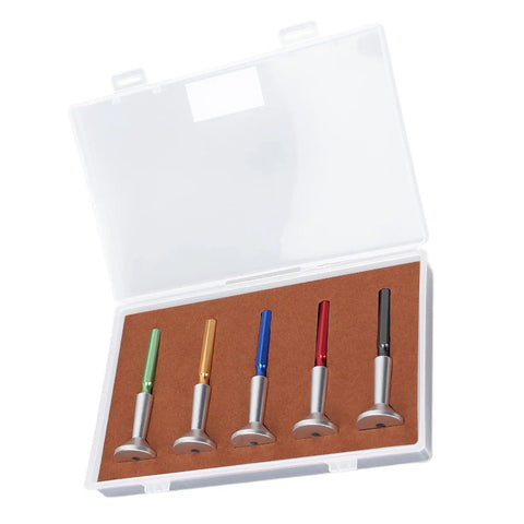 Five Piece Watch Lubricant Oiler Set With Fine Tip Oil Pin Pen For Delicate Gears in a white carrying case