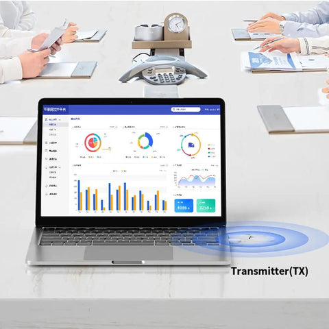 Laptop on meeting table using Wireless HDMI Transmitter And Receiver No Fuss Plug And Play 1080P HD Extender With 164 Feet Range.