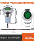 Two Pack 16mm Five Eighth Inch LED Indicator Light 110 to 220 VAC 20 mA Energy Saving Metal Waterproof IP67 Flat Head Pilot Lamp With 20 cm Wire For Car Truck Boat Green LED Industrial Grade close-up with dimensions