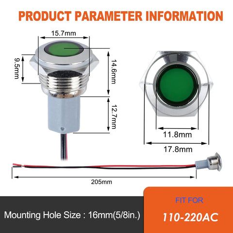 Two Pack 16mm Five Eighth Inch LED Indicator Light 110 to 220 VAC 20 mA Energy Saving Metal Waterproof IP67 Flat Head Pilot Lamp With 20 cm Wire For Car Truck Boat Green LED Industrial Grade close-up with dimensions