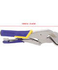 Sturdy 10 Inch Locking Pliers Made From Carbon Steel With Anti Slip Rubber Handles And Adjustable Screw for gripping and clamping.