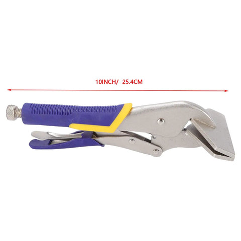 Sturdy 10 Inch Locking Pliers Made From Carbon Steel With Anti Slip Rubber Handles And Adjustable Screw for gripping and clamping.