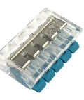 Straight Shooting 5 Pin Quick Connect Wire Connector With Solid Grip Lever Action Push In Design For Heavy Duty Electrical Wiring Repairs 32 Amp Compact Terminal Block 10 Pack, clear housing, blue levers, side view.