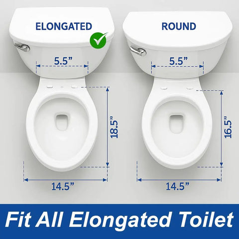 Comparison of elongated and round toilets with measurements, highlighting Elongated Toilet Seat With Built In Toddler Seat Slow Close Fits.